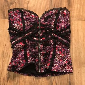 Bebe floral purple pink black white ruffles lace corset size XS